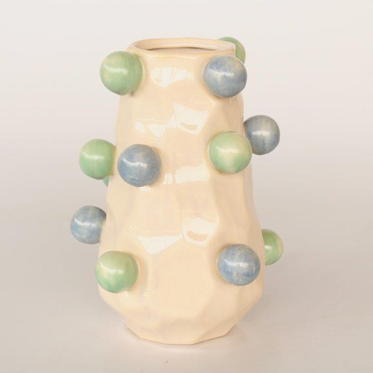Cream, Blue & Green Vase With Bobbles